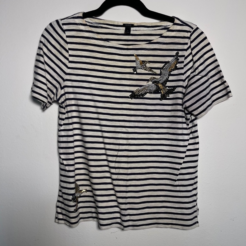 J Crew Embellished Bird Sequin Appliqué Short Sleeve Navy Striped Shirt Sz Small